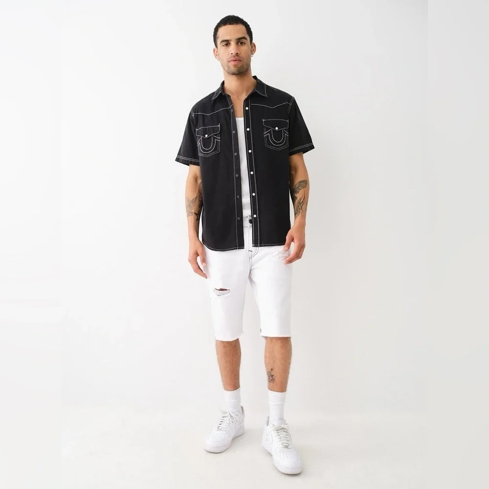 True Religion Big T Western Shirt Black Contrast Stitch Snap Button SS Sz Medium